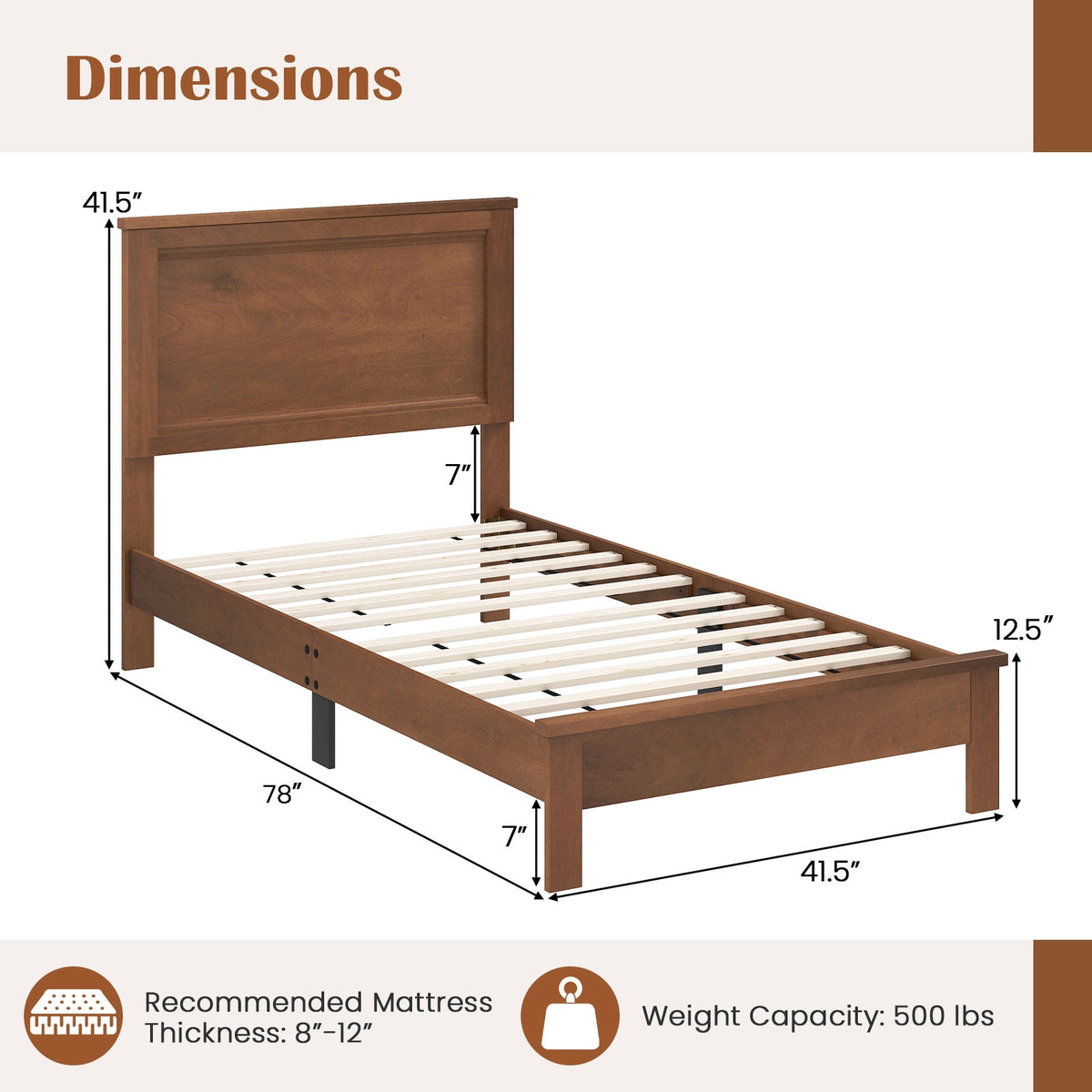 Twin Size Wooden Bed Frame, Headboard, Slat Support, Walnut Simple Bed Frame at Gallery Canada