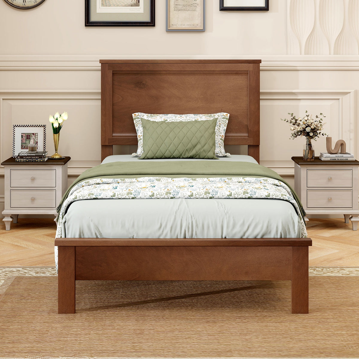 Twin Size Wooden Bed Frame, Headboard, Slat Support, Walnut Simple Bed Frame at Gallery Canada