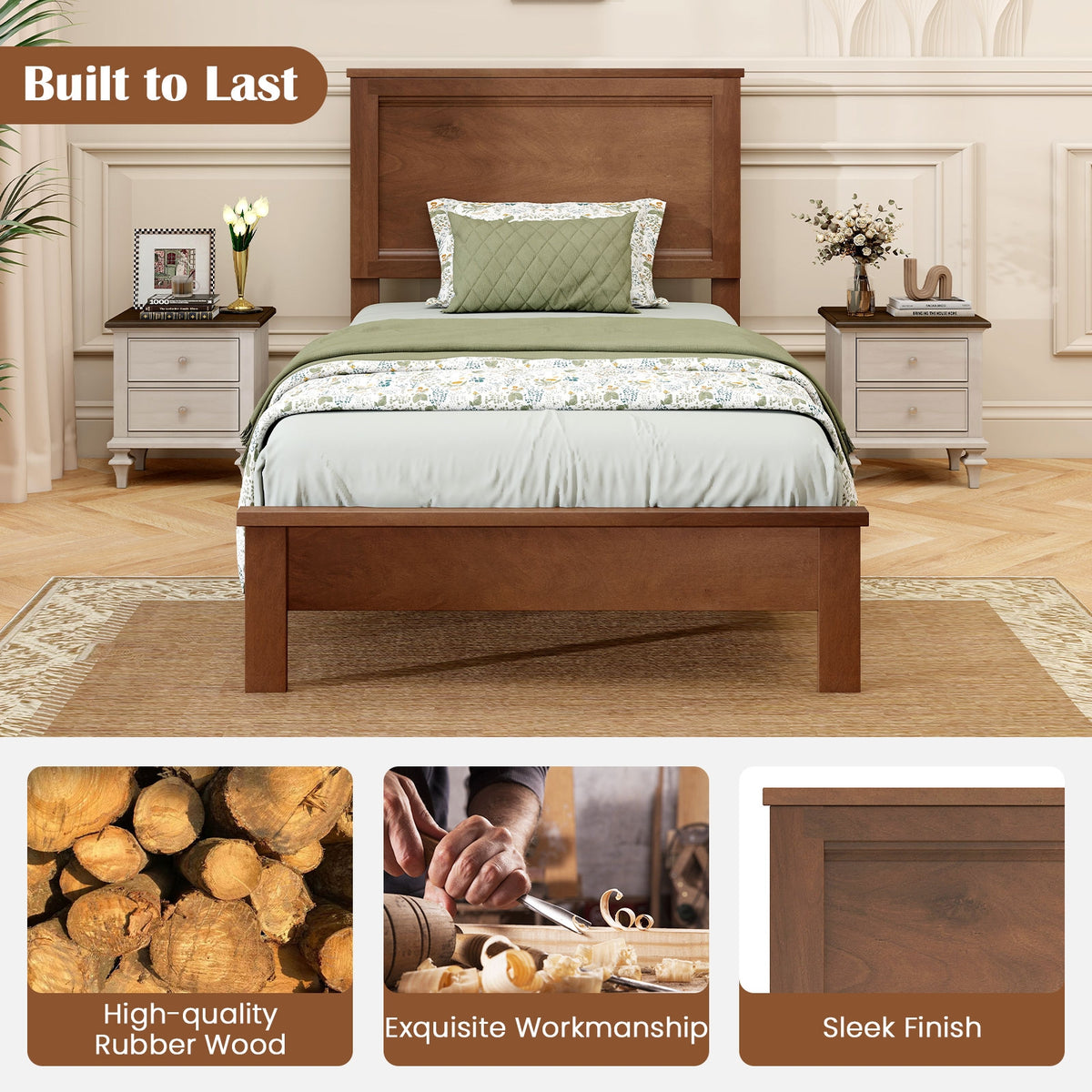 Twin Size Wooden Bed Frame, Headboard, Slat Support, Walnut Simple Bed Frame at Gallery Canada