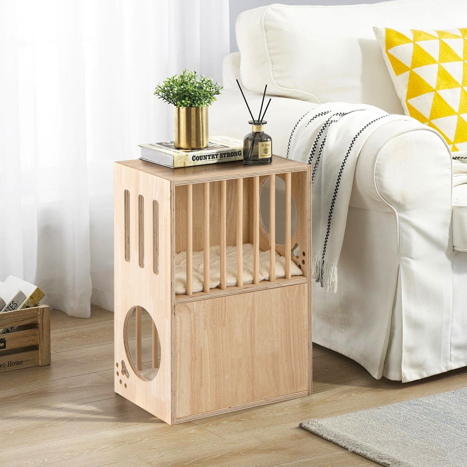 2-Tier Wooden Cat Condo, Indoor Cat House, Removable Cushions, Natural Cat Houses at Gallery Canada