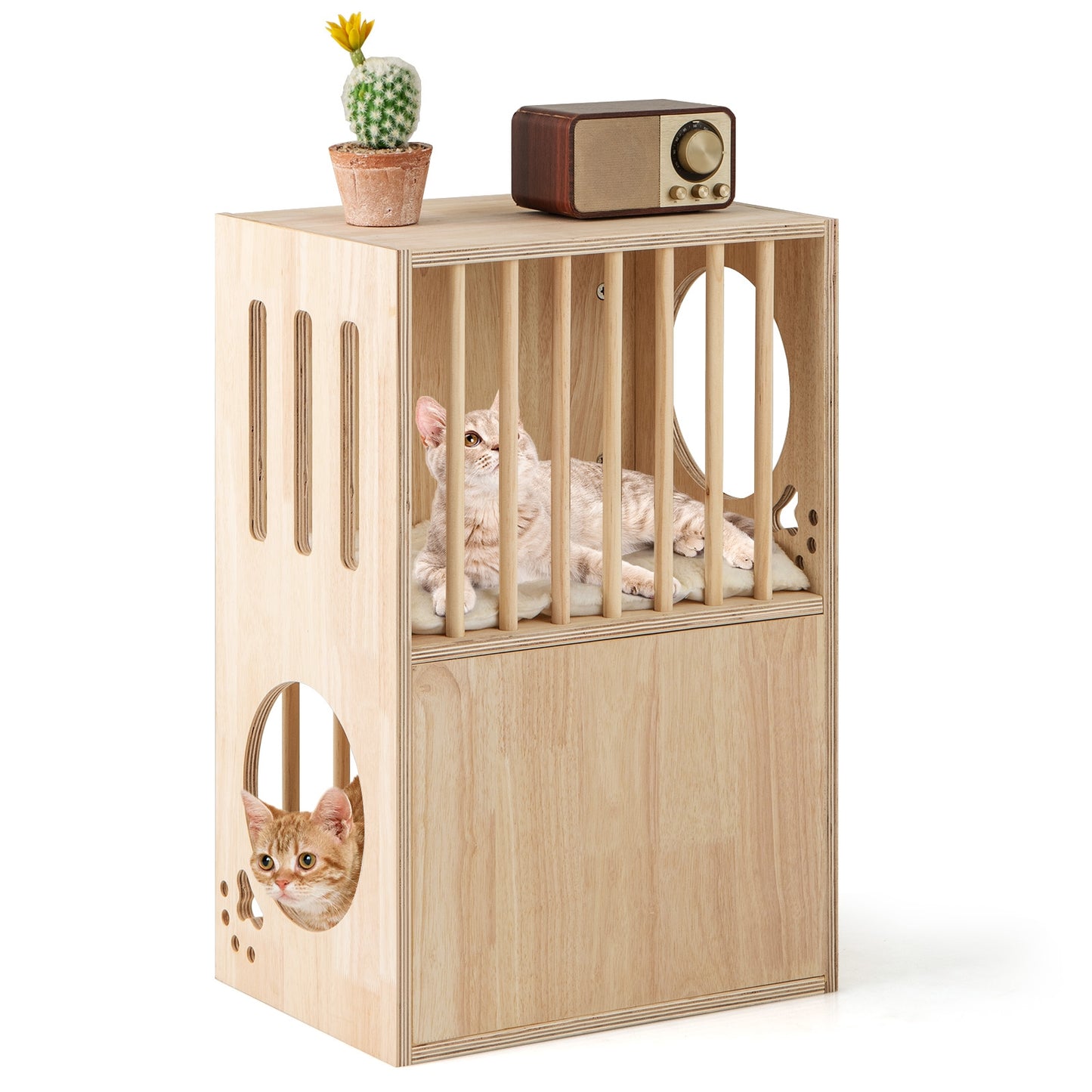 2-Tier Wooden Cat Condo, Indoor Cat House, Removable Cushions, Natural Cat Houses Natural at Gallery Canada