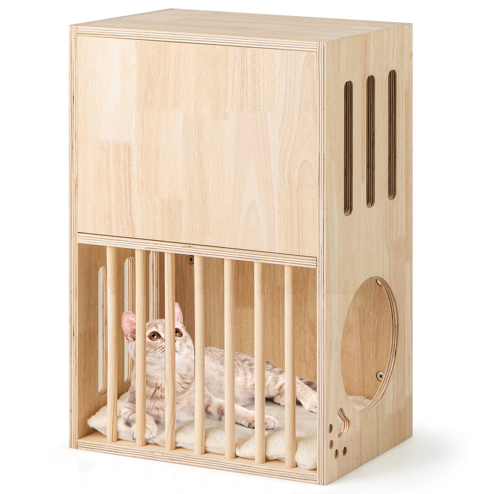 2-Tier Wooden Cat Condo, Indoor Cat House, Removable Cushions, Natural Cat Houses at Gallery Canada