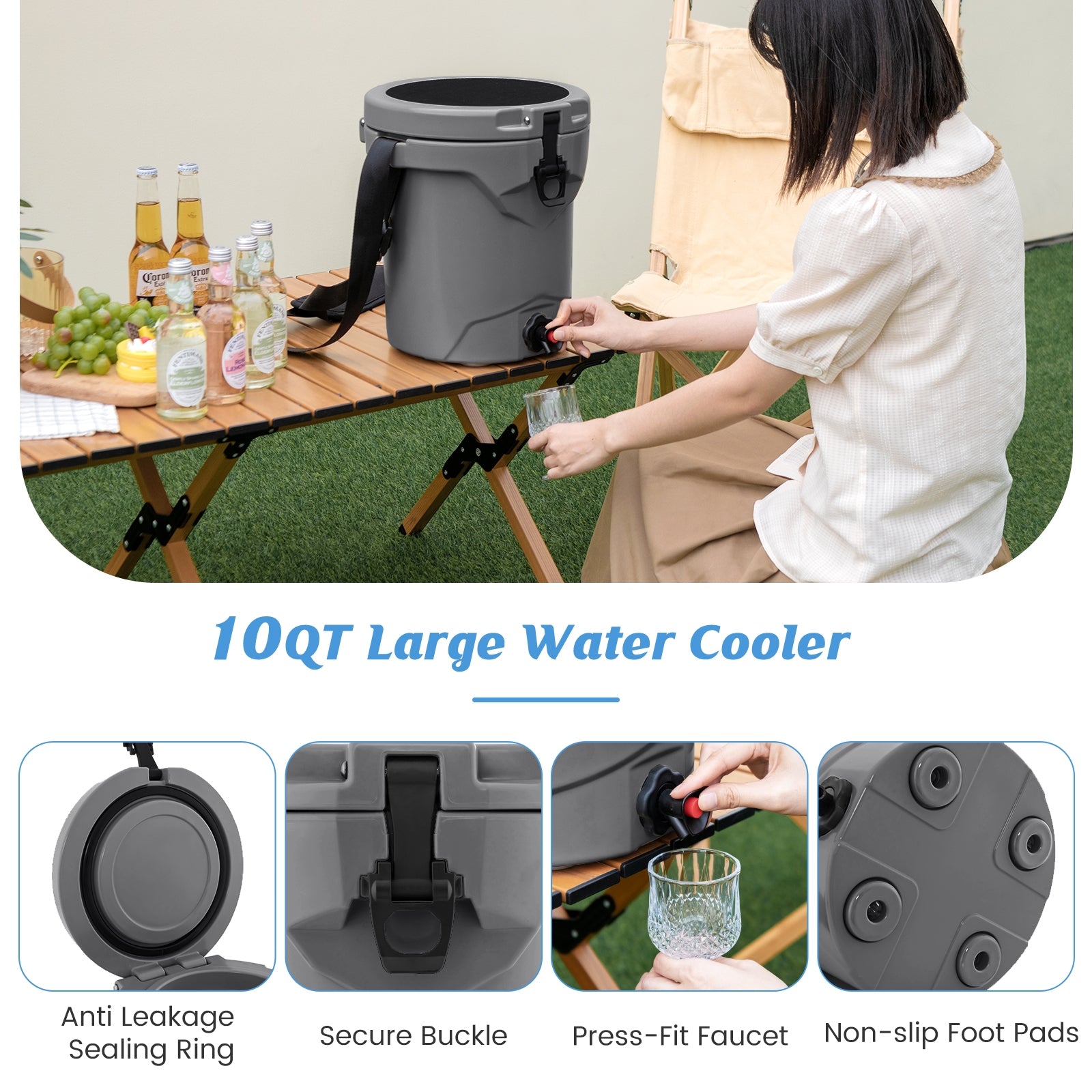 10 QT Insulated Drink Cooler With Spigot, Seat Lid, Adjustable Strap, Gray Coolers at Gallery Canada
