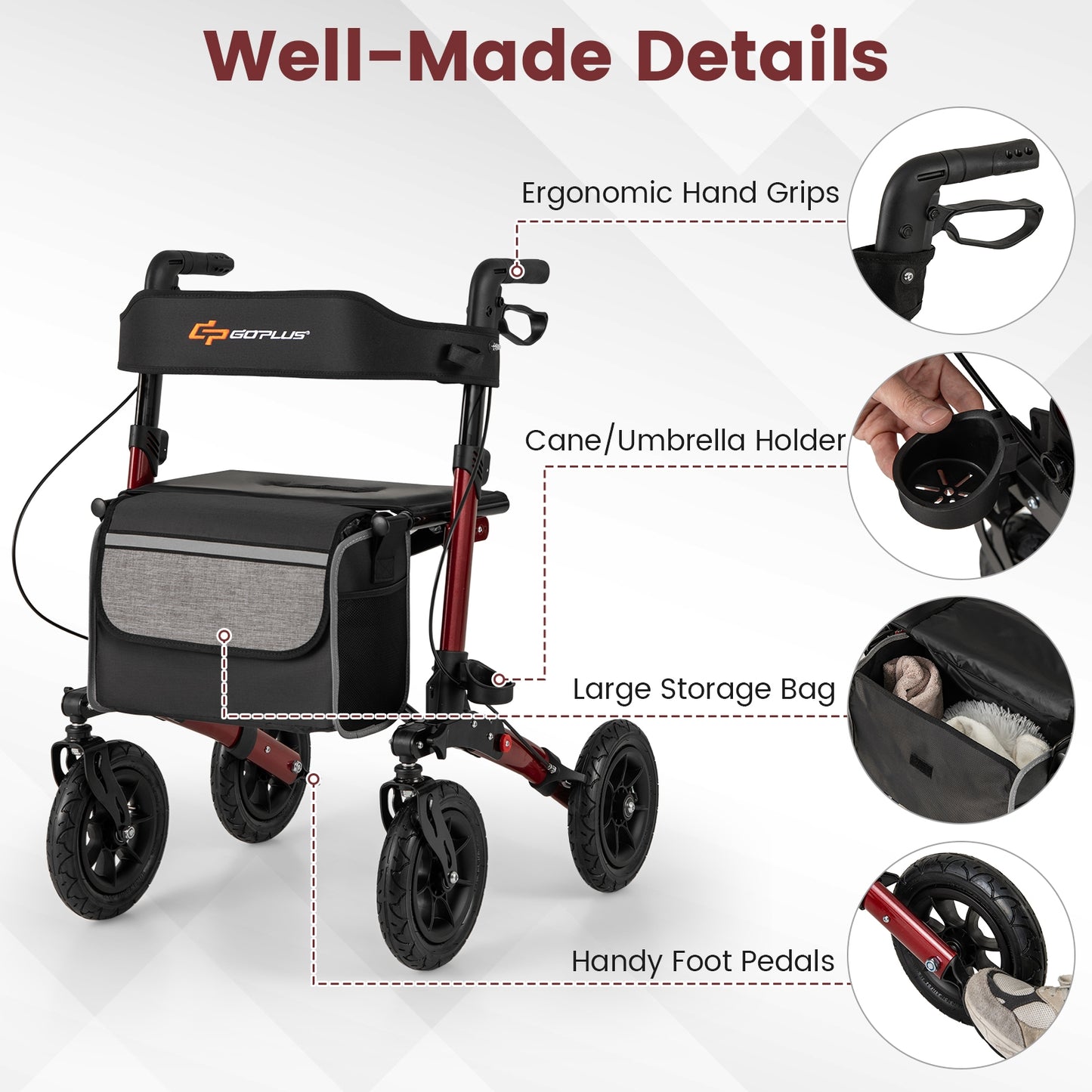 Folding Rollator Walker With Seat, All Terrain, Red Walkers & Rollators at Gallery Canada