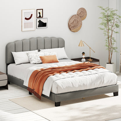 Queen Size Bed Frame, Adjustable Scalloped Tufted Headboard, Gray Simple Bed Frame at Gallery Canada