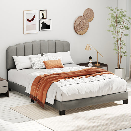Queen Size Bed Frame, Adjustable Scalloped Tufted Headboard, Gray Simple Bed Frame Gray at Gallery Canada