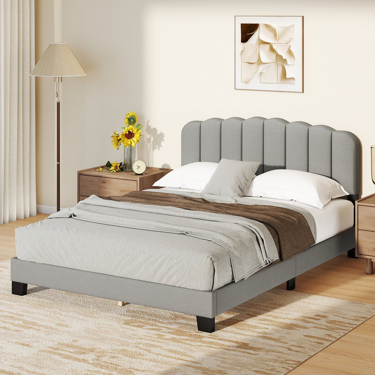 Queen Size Bed Frame, Adjustable Scalloped Tufted Headboard, Gray Simple Bed Frame at Gallery Canada