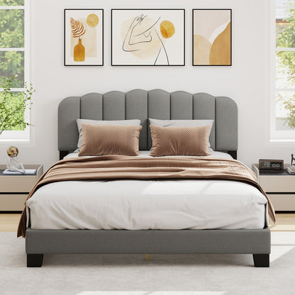 Queen Size Bed Frame, Adjustable Scalloped Tufted Headboard, Gray Simple Bed Frame at Gallery Canada