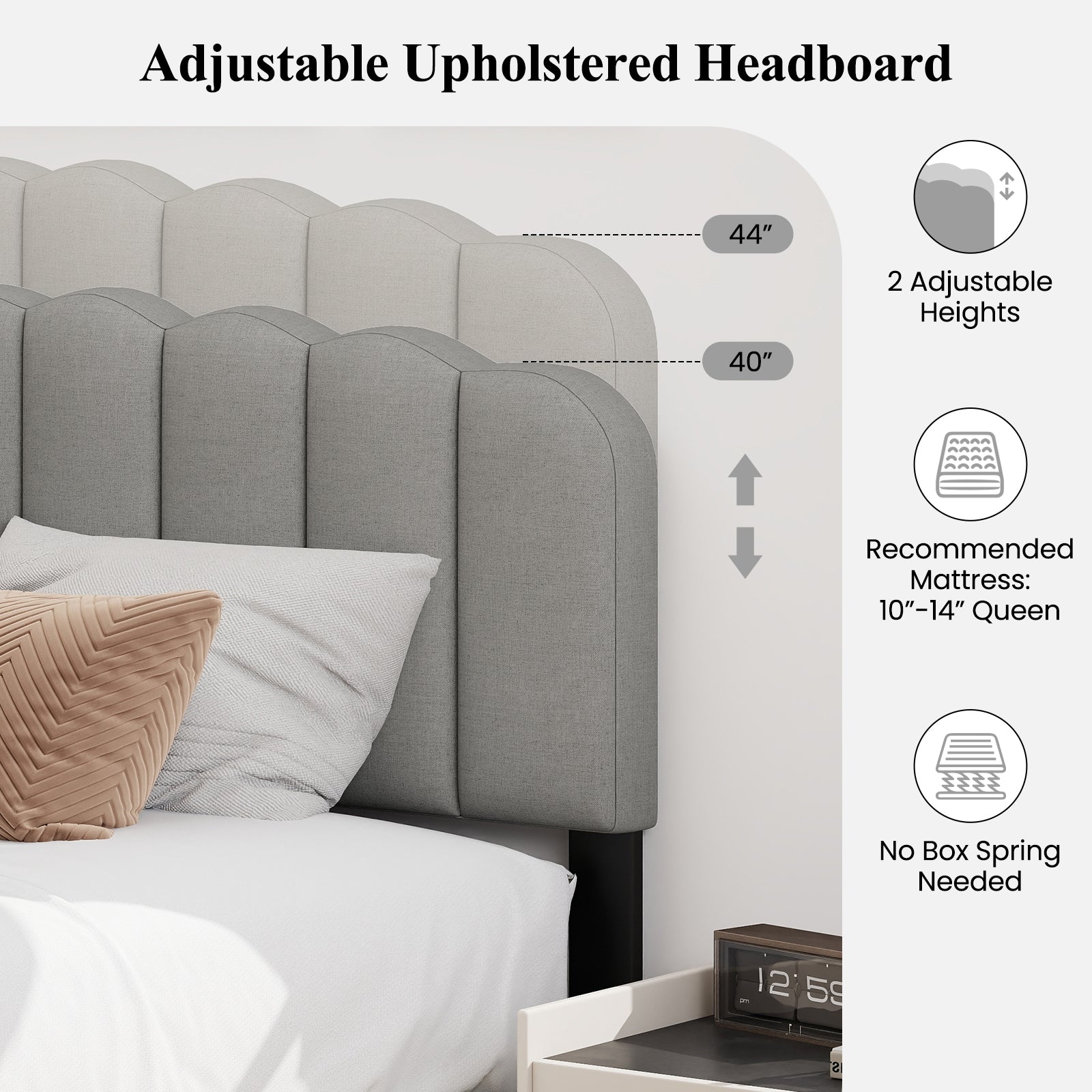 Queen Size Bed Frame, Adjustable Scalloped Tufted Headboard, Gray Simple Bed Frame at Gallery Canada