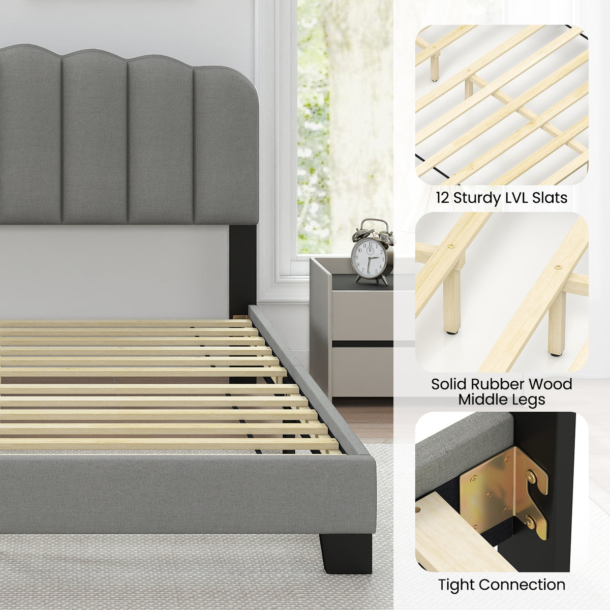Queen Size Bed Frame, Adjustable Scalloped Tufted Headboard, Gray Simple Bed Frame at Gallery Canada
