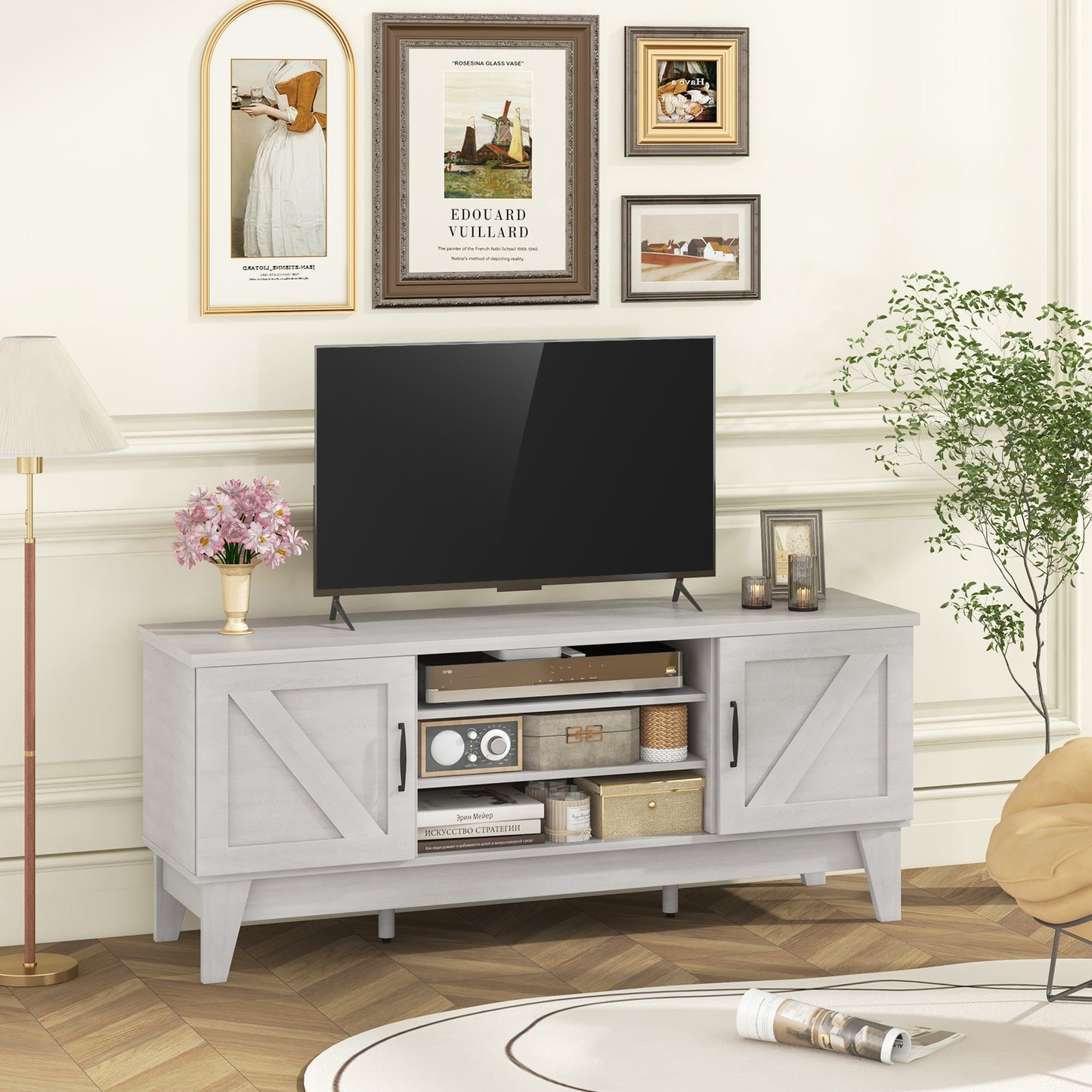 Farmhouse TV Stand For 65 Inches, 2 Barn Door Cabinets, Gray Entertainment Centers & TV Stands at Gallery Canada
