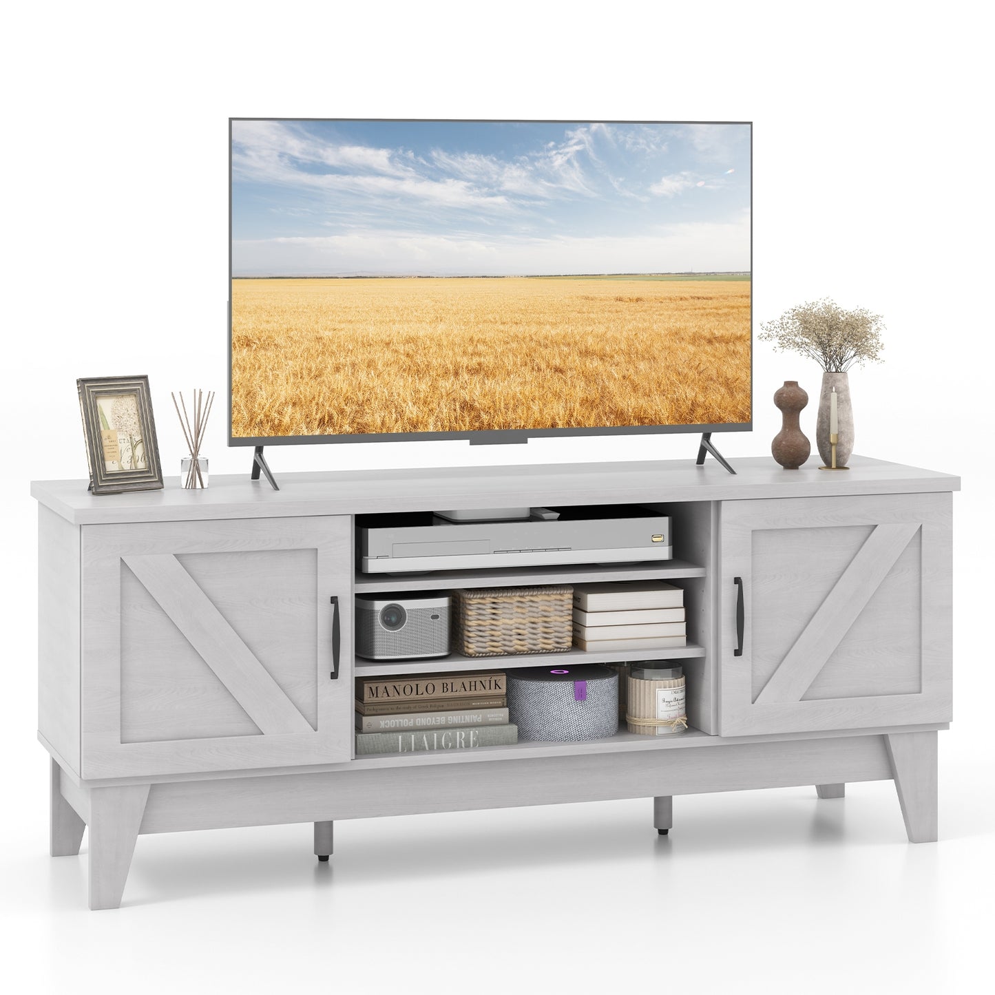 Farmhouse TV Stand For 65 Inches, 2 Barn Door Cabinets, Gray Entertainment Centers & TV Stands at Gallery Canada