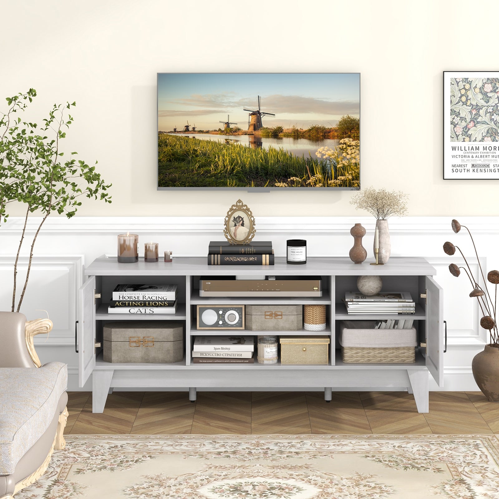 Farmhouse TV Stand For 65 Inches, 2 Barn Door Cabinets, Gray Entertainment Centers & TV Stands at Gallery Canada