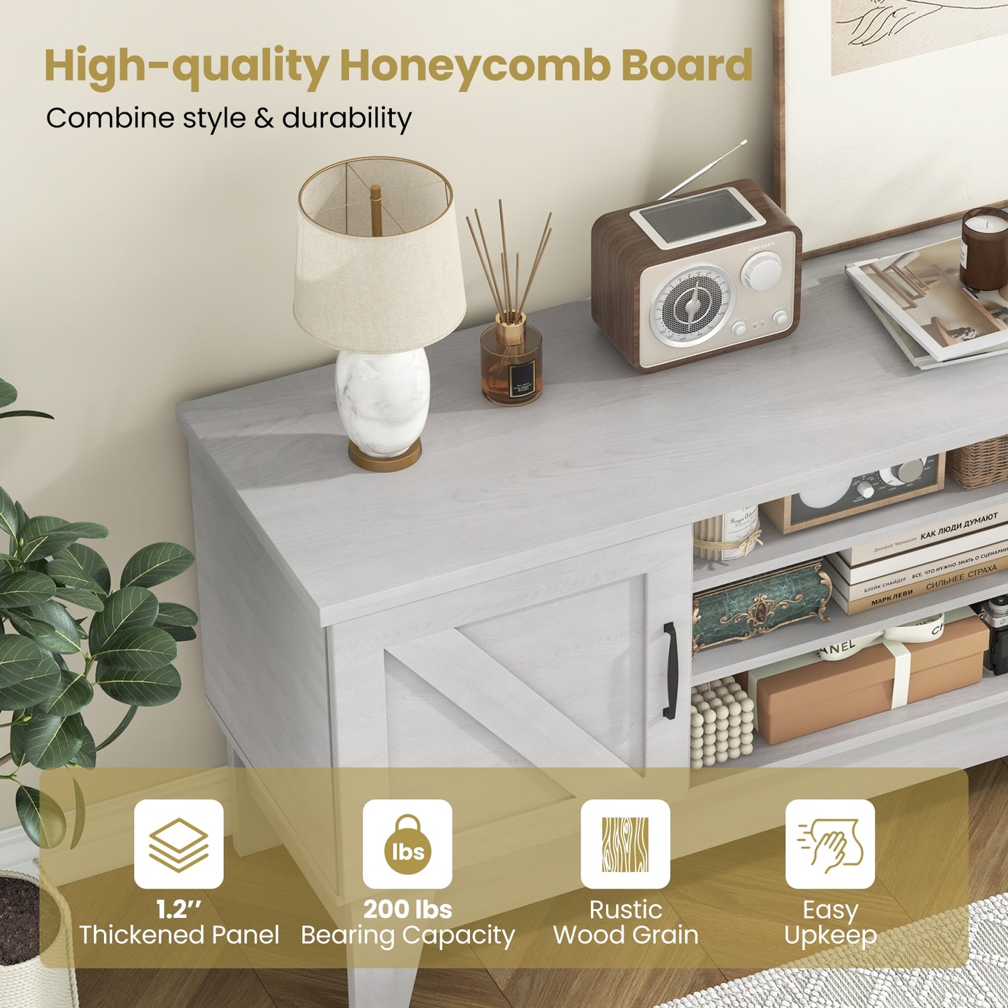 Farmhouse TV Stand For 65 Inches, 2 Barn Door Cabinets, Gray Entertainment Centers & TV Stands at Gallery Canada