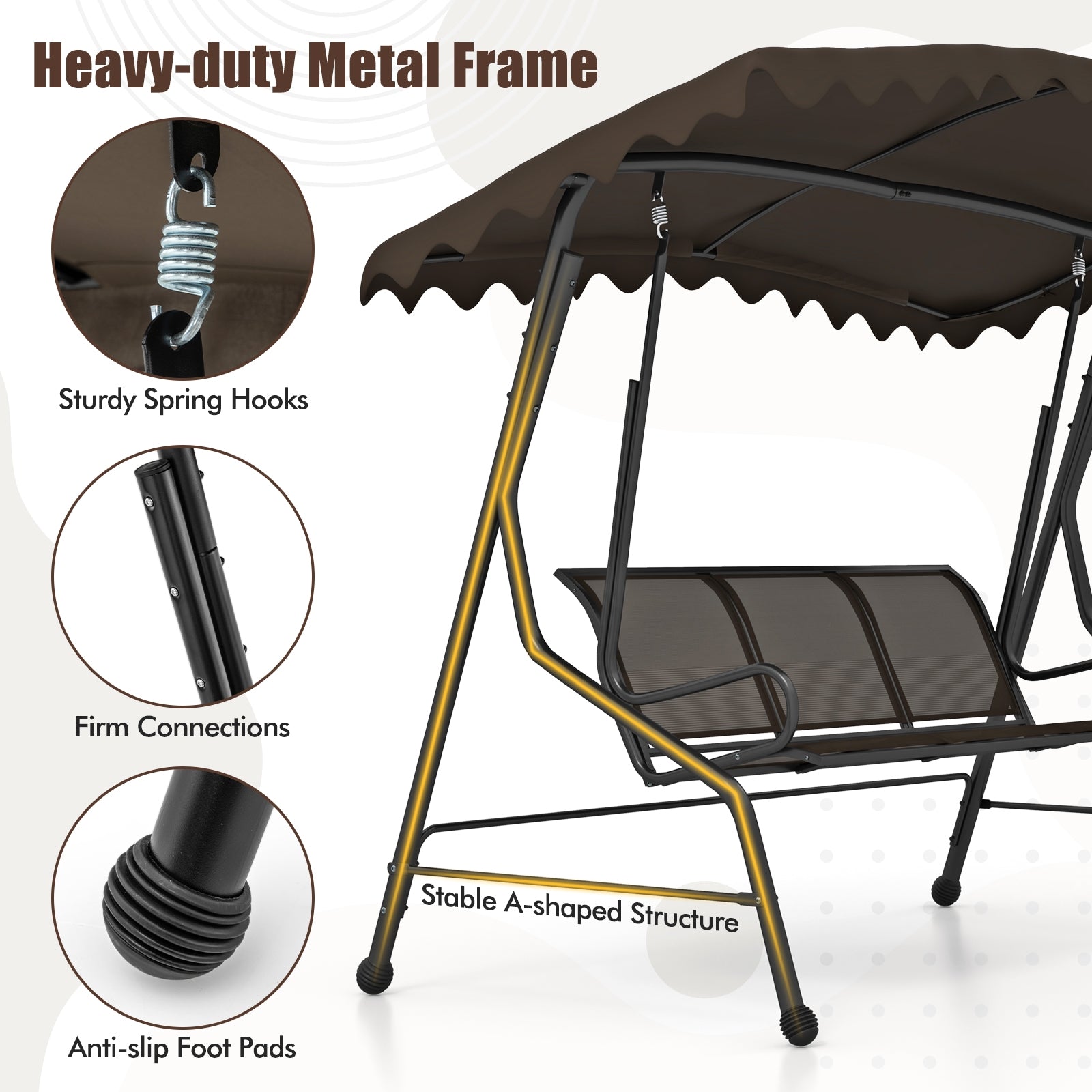 3-Seat Outdoor Swing With Adjustable Shading, Brown Porch Swings at Gallery Canada
