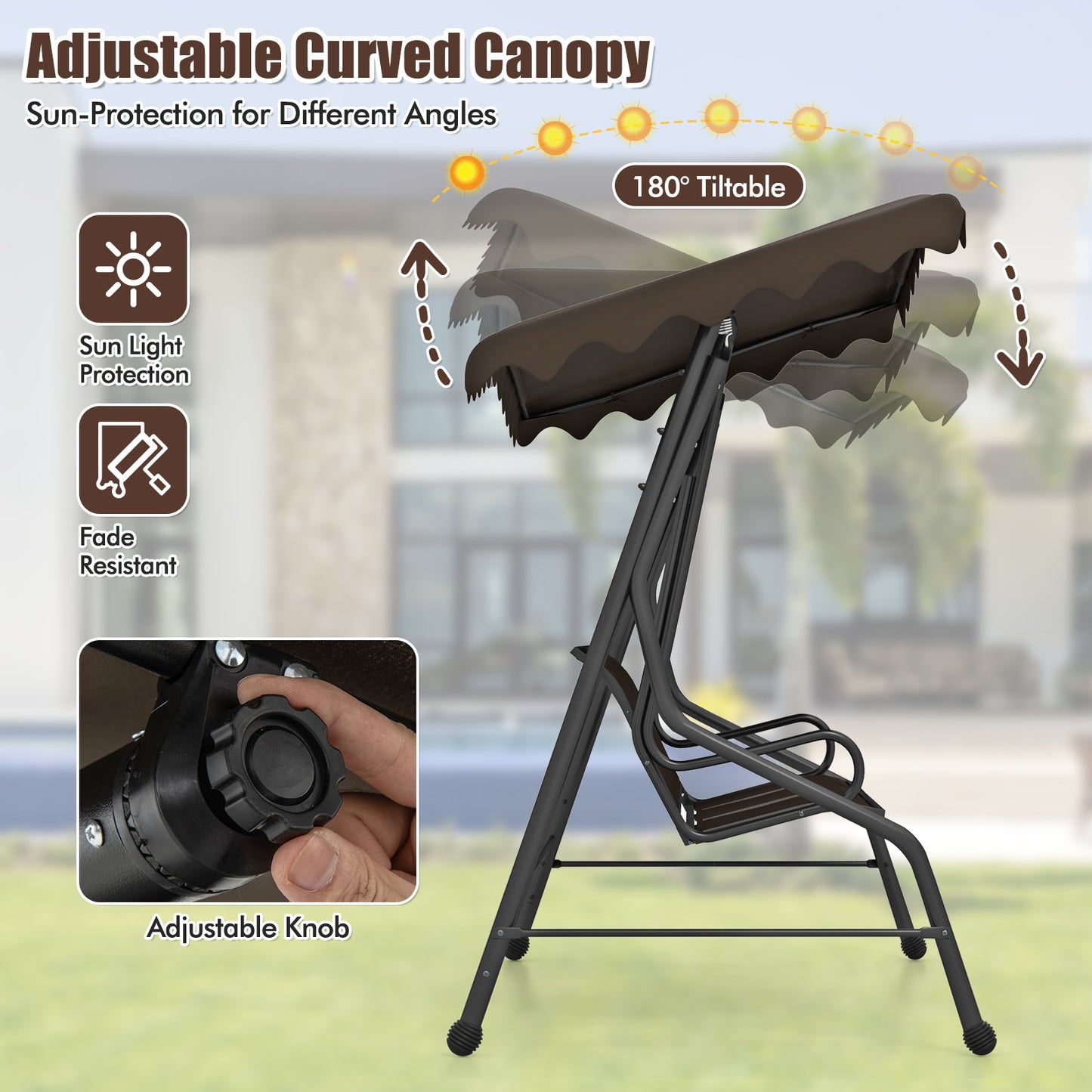 3-Seat Outdoor Swing With Adjustable Shading, Brown Porch Swings at Gallery Canada
