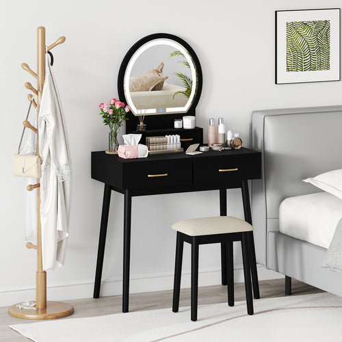 Small Vanity Table Set With Cushioned Stool, LED Mirror, Black
