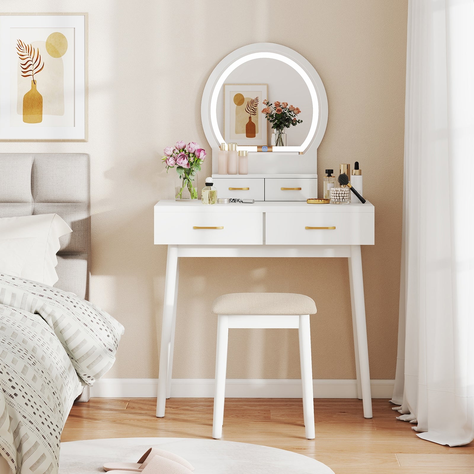 Small Vanity Makeup Table With Stool, LED Mirror, White Makeup Vanities at Gallery Canada