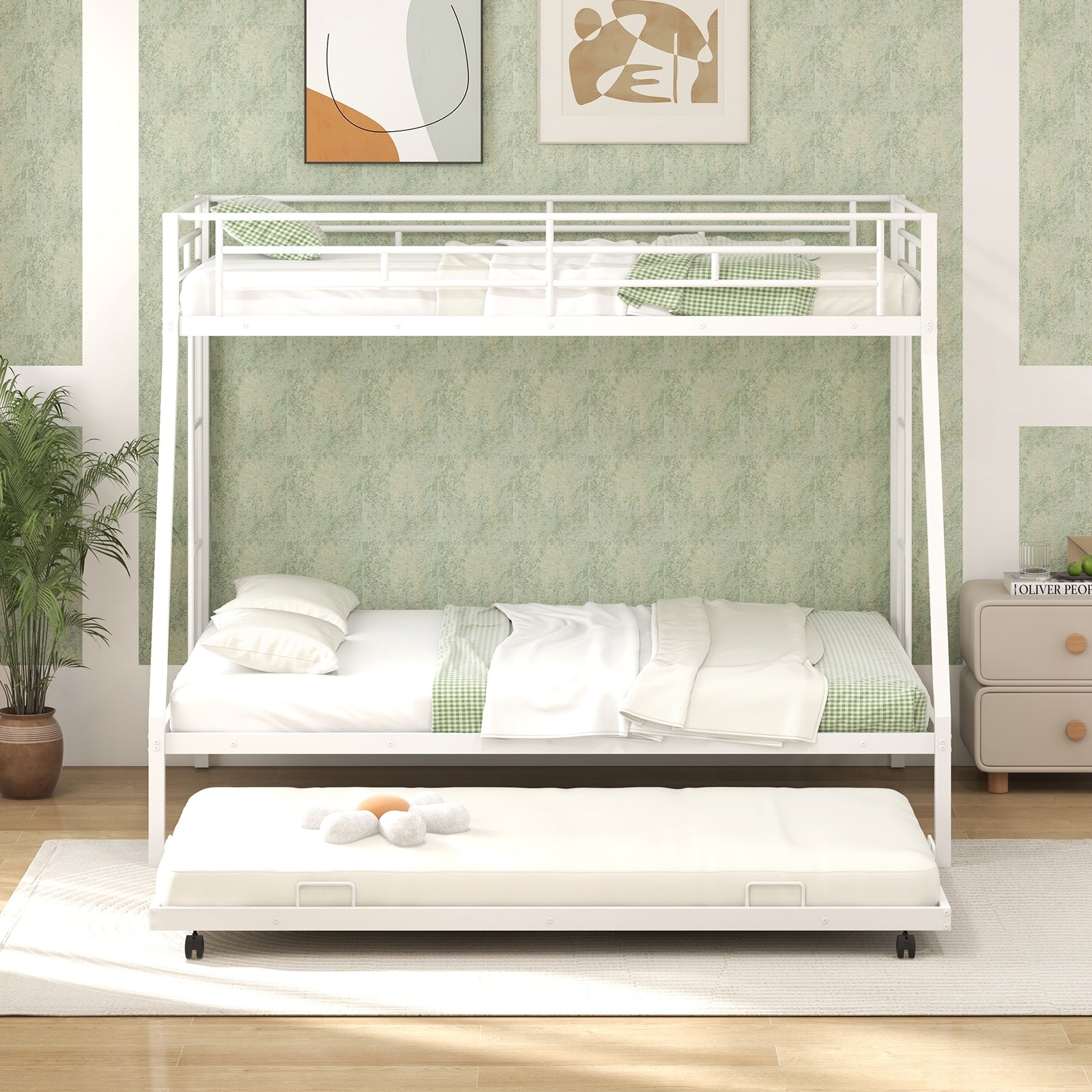 Twin Over Full Bunk Bed Frame with Trundle for Guest Room, White Bunk Bed Frame at Gallery Canada