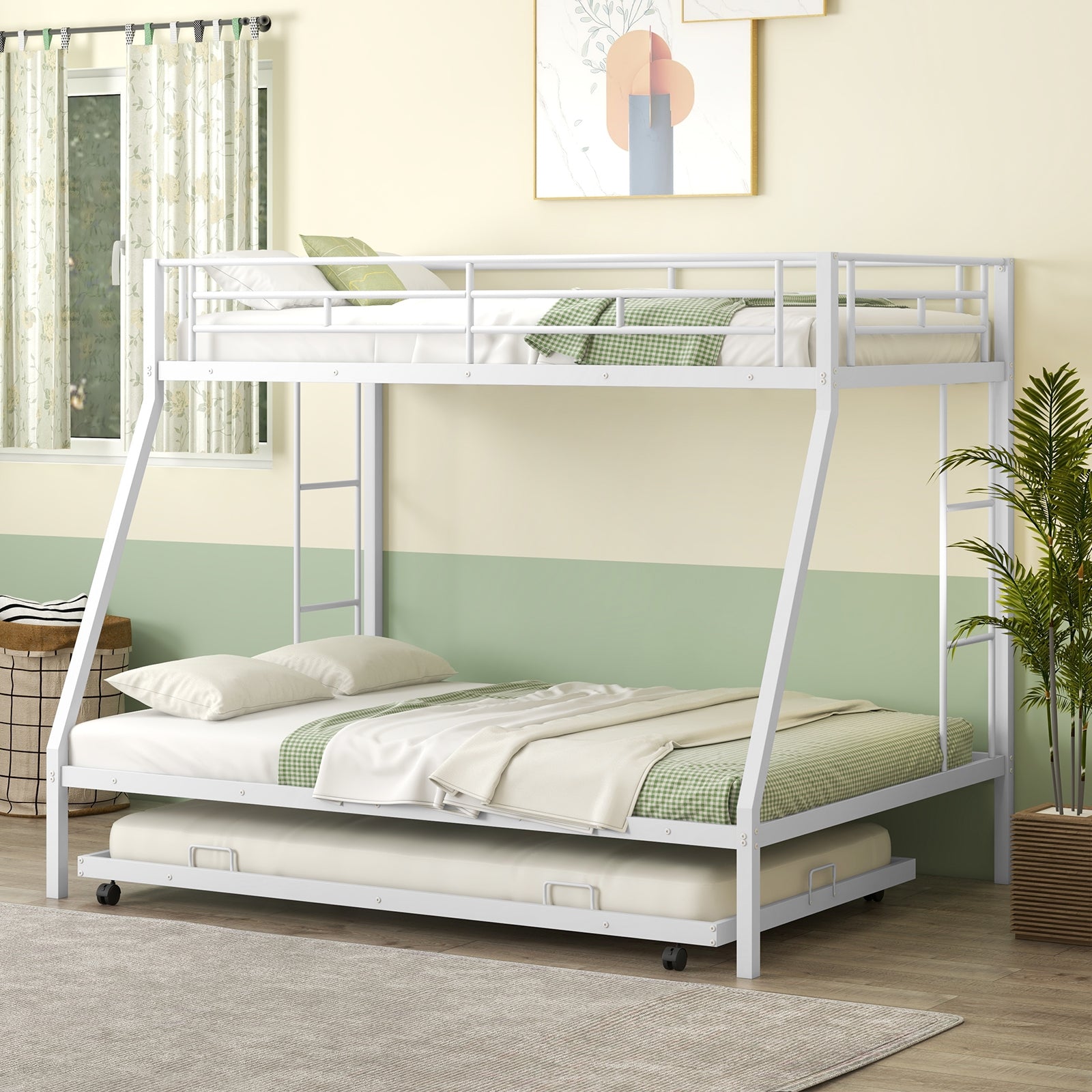 Twin Over Full Bunk Bed Frame with Trundle for Guest Room, White Bunk Bed Frame at Gallery Canada