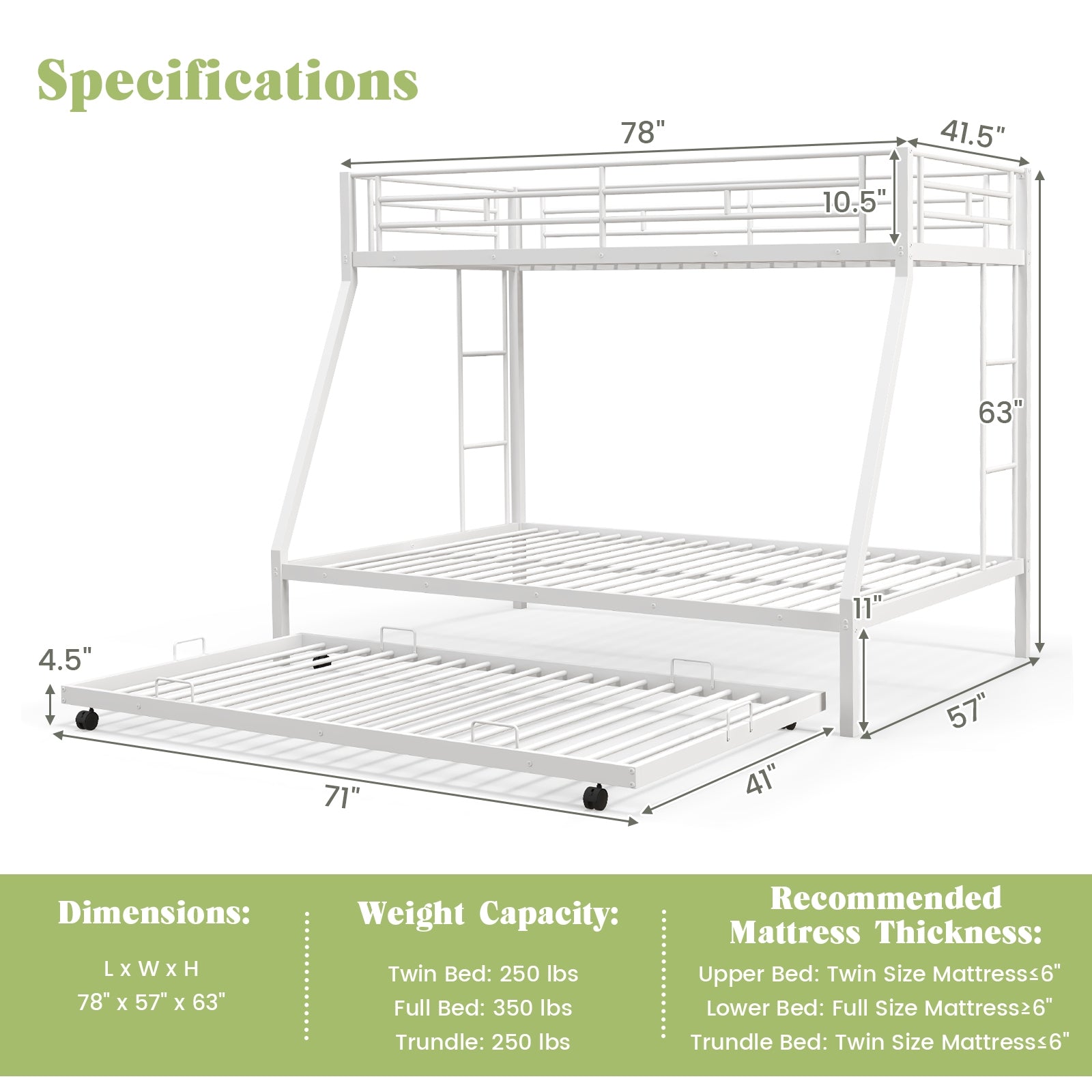 Twin Over Full Bunk Bed Frame with Trundle for Guest Room, White Bunk Bed Frame at Gallery Canada
