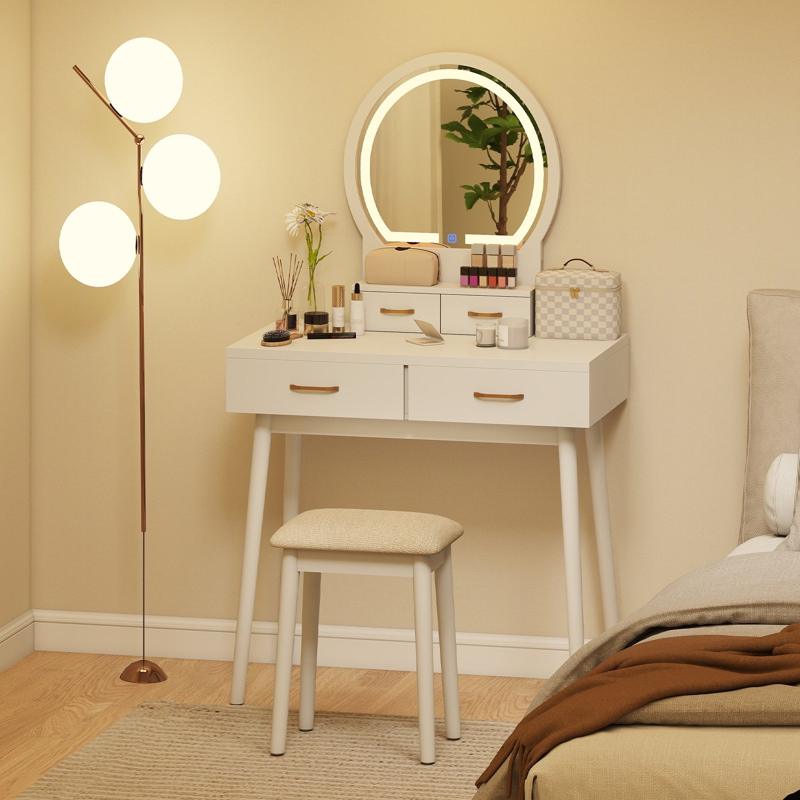 Small Vanity Makeup Table With Stool, LED Mirror, White Makeup Vanities at Gallery Canada