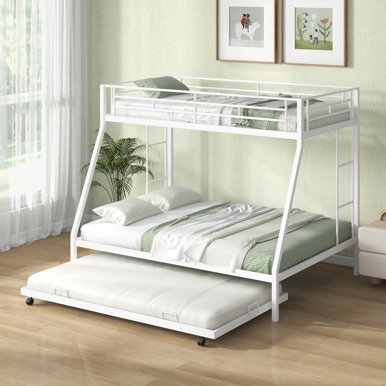 Twin Over Full Bunk Bed Frame with Trundle for Guest Room, White Bunk Bed Frame at Gallery Canada