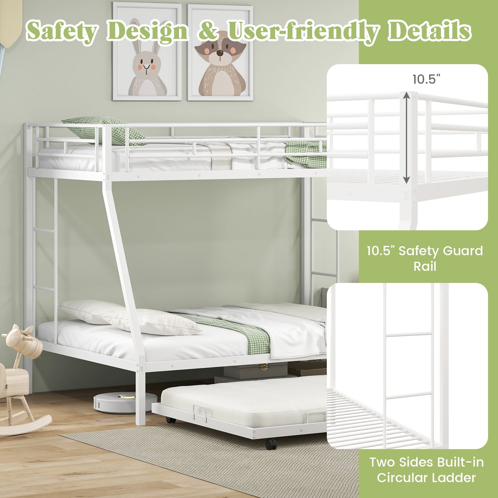 Twin Over Full Bunk Bed Frame with Trundle for Guest Room, White Bunk Bed Frame at Gallery Canada
