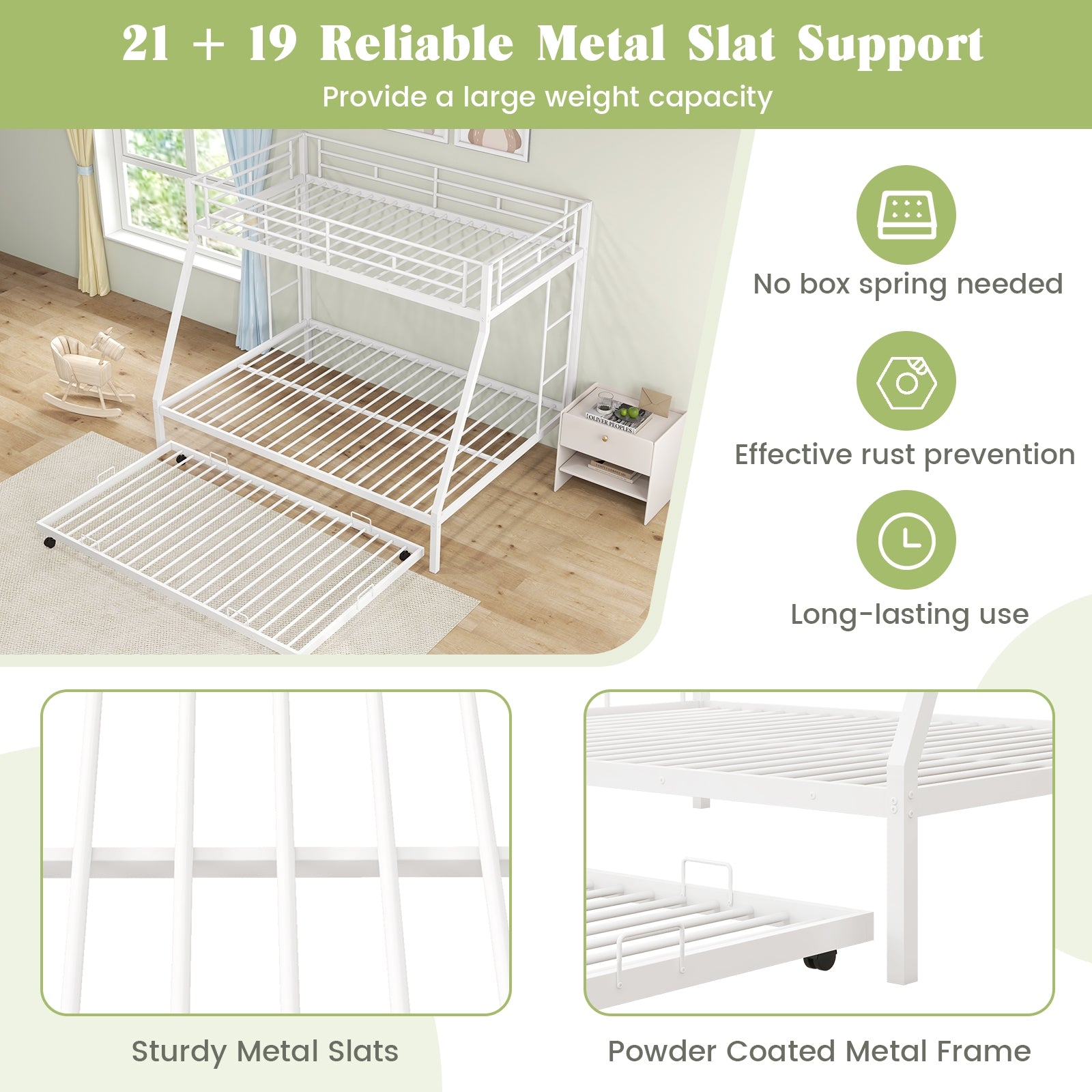 Twin Over Full Bunk Bed Frame with Trundle for Guest Room, White Bunk Bed Frame at Gallery Canada