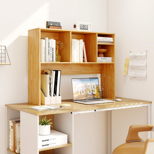 Computer Desktop Bookcase, 4 Cubbies, Open Back Compartment, Beige