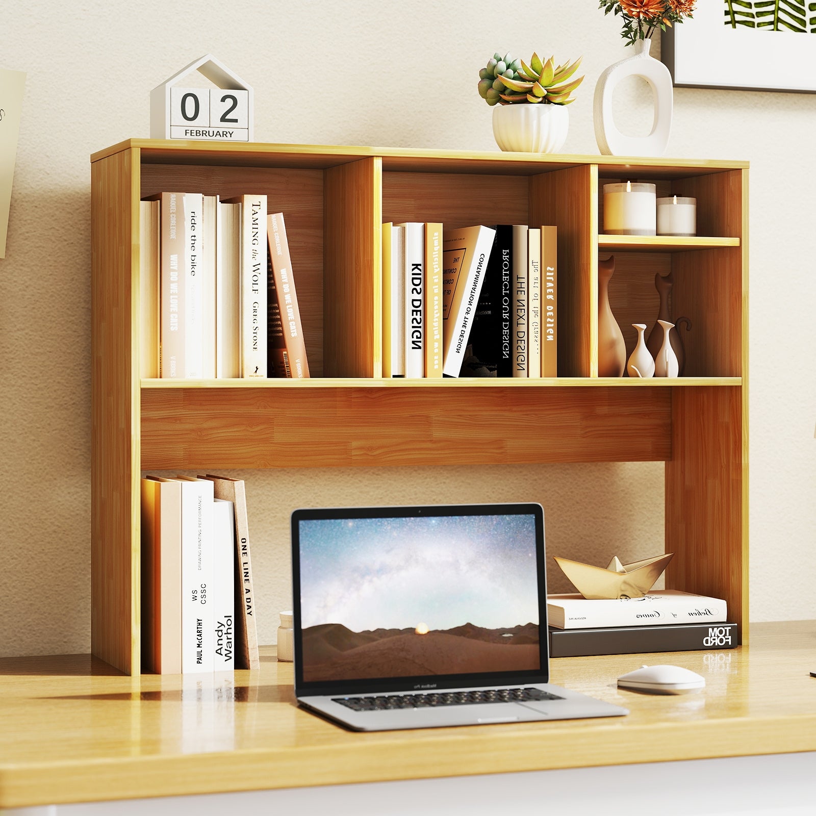 Computer Desktop Bookcase, 4 Cubbies, Open Back Compartment, Beige Bookcases at Gallery Canada