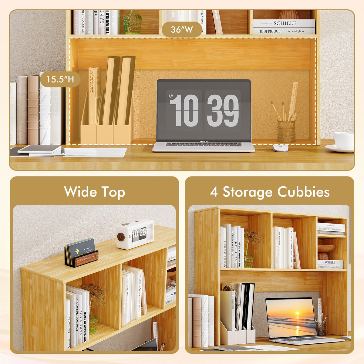 Computer Desktop Bookcase, 4 Cubbies, Open Back Compartment, Beige Bookcases at Gallery Canada