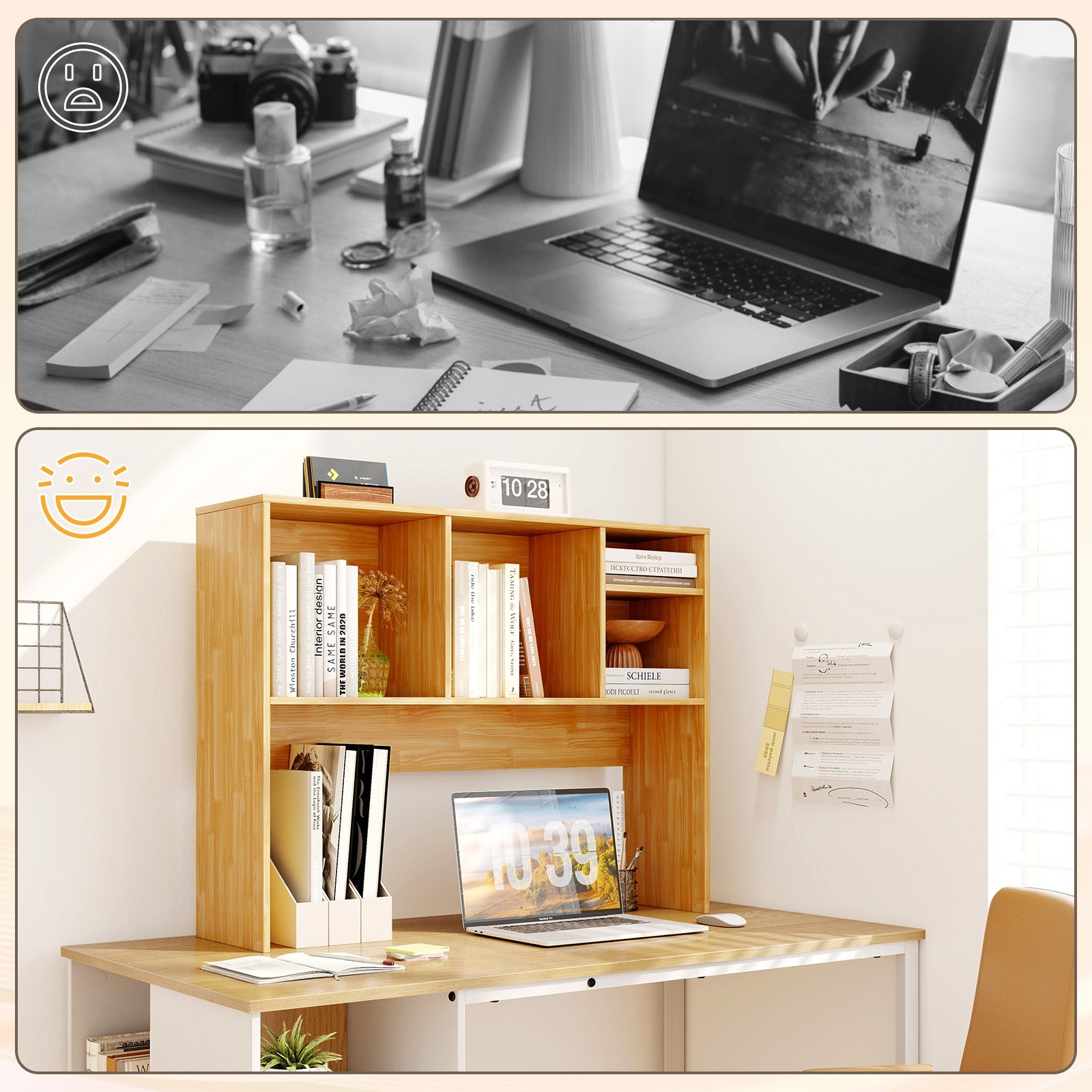 Computer Desktop Bookcase, 4 Cubbies, Open Back Compartment, Beige Bookcases at Gallery Canada