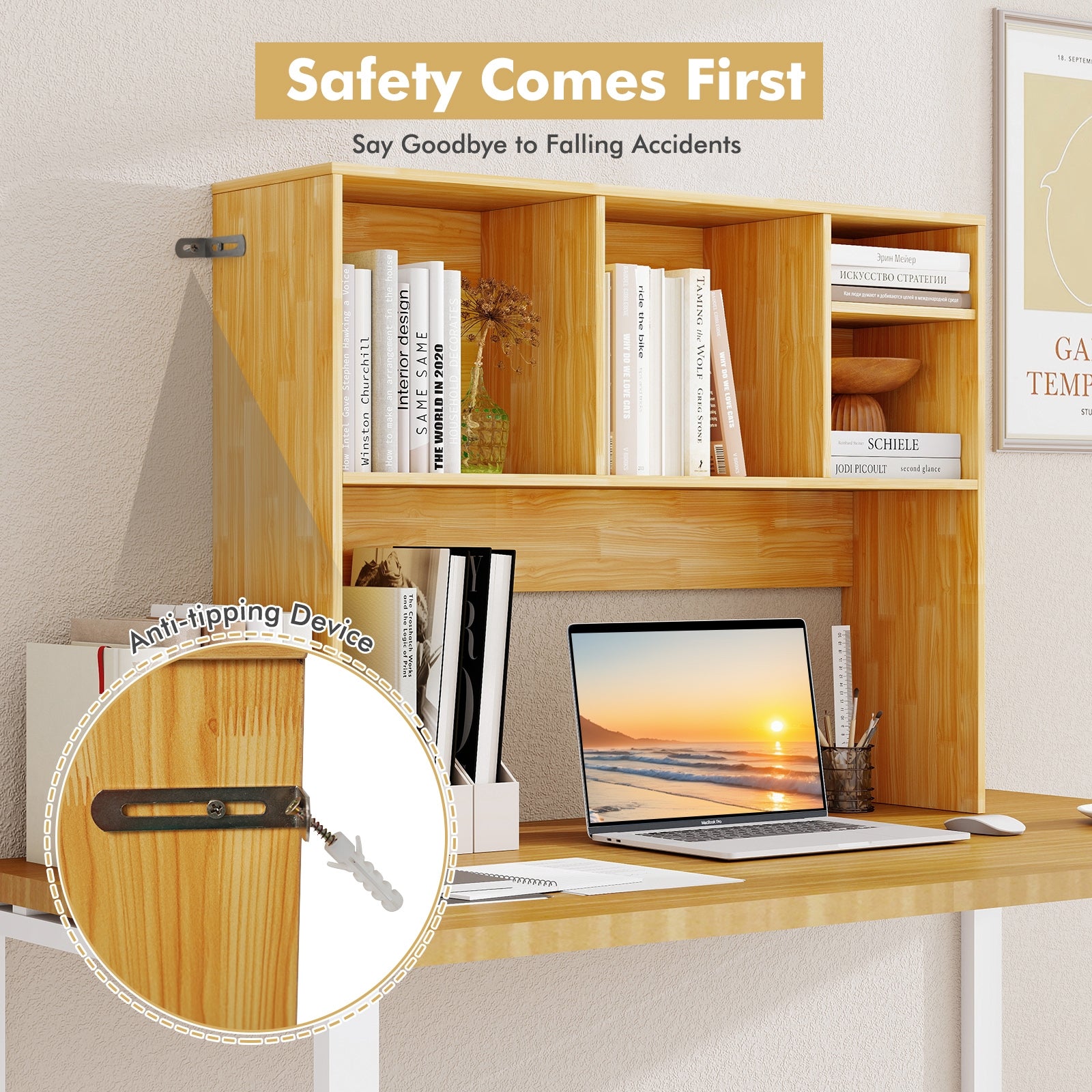 Computer Desktop Bookcase, 4 Cubbies, Open Back Compartment, Beige Bookcases at Gallery Canada