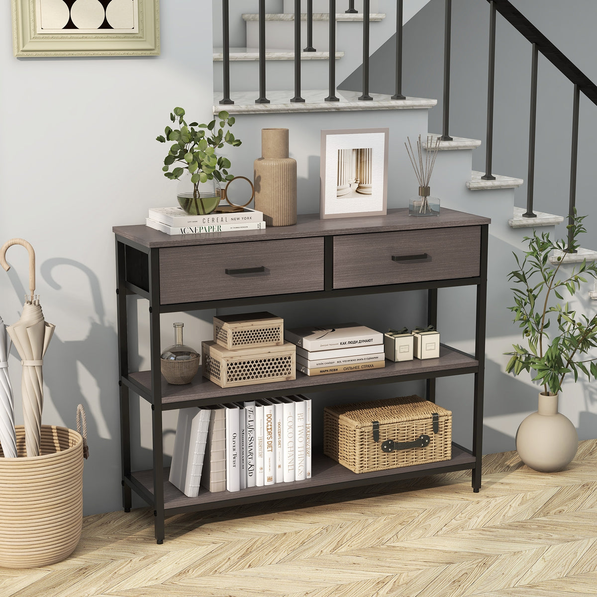Console Table With Folding Fabric Drawers, Gray Console Tables at Gallery Canada
