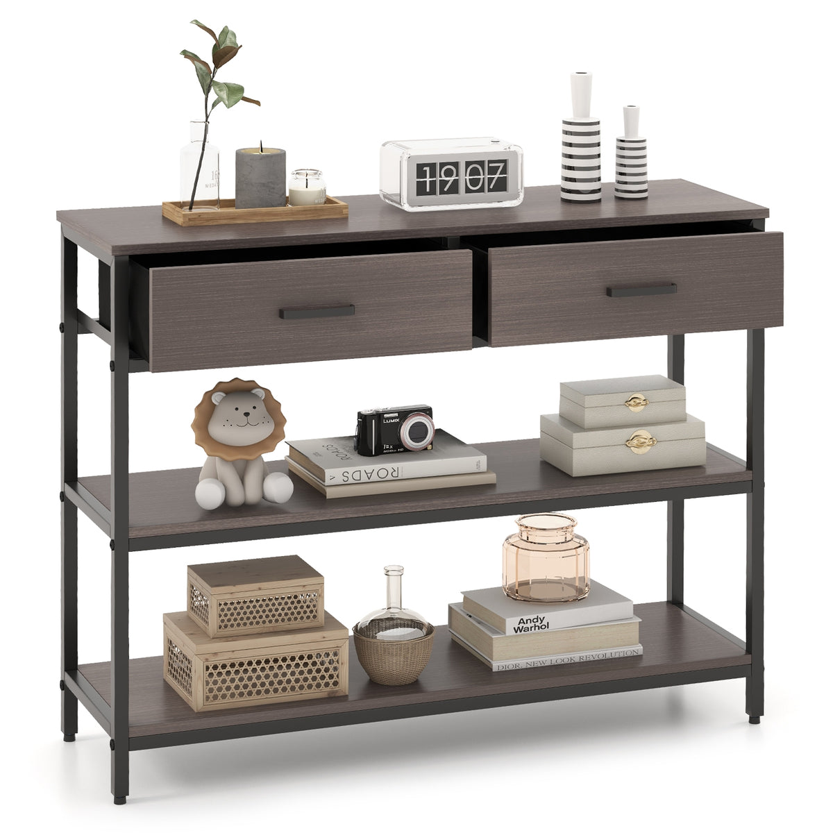 Console Table With Folding Fabric Drawers, Gray Console Tables at Gallery Canada