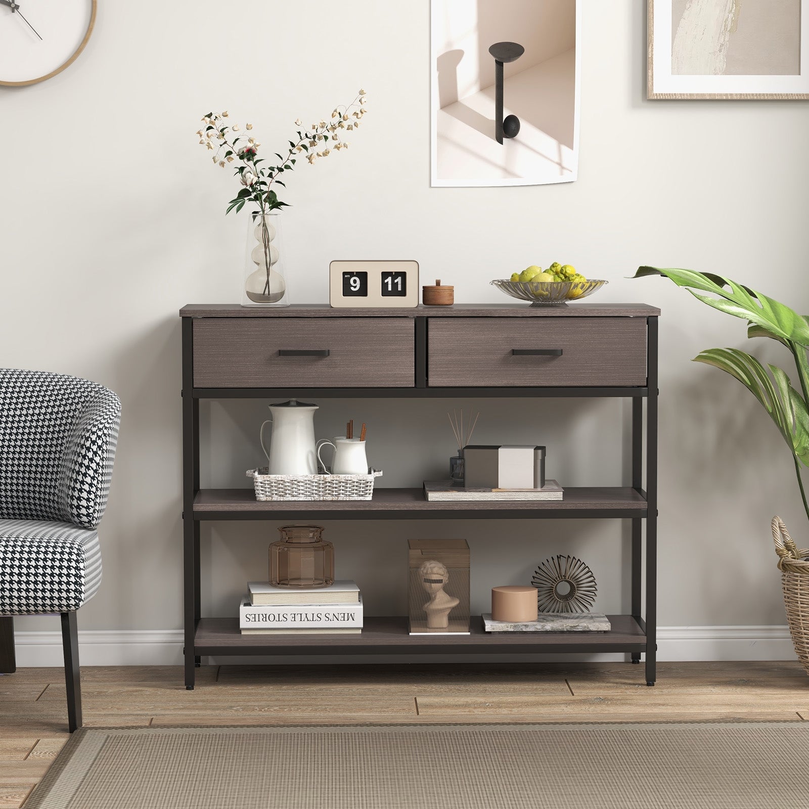 Console Table With Folding Fabric Drawers, Gray Console Tables at Gallery Canada