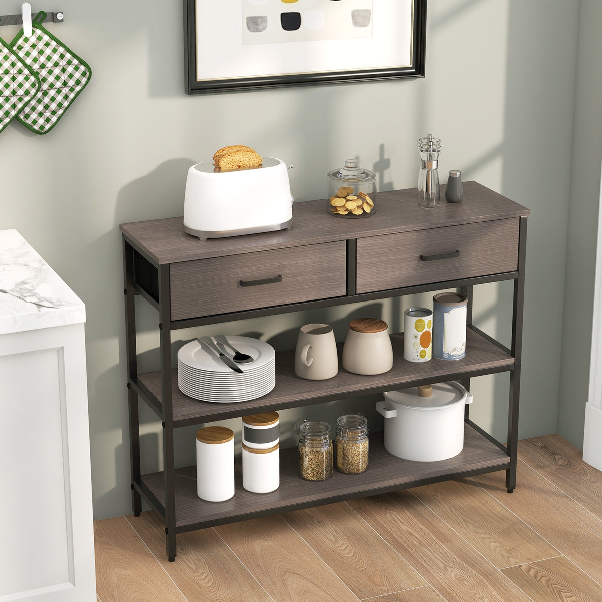 Console Table With Folding Fabric Drawers, Gray Console Tables at Gallery Canada