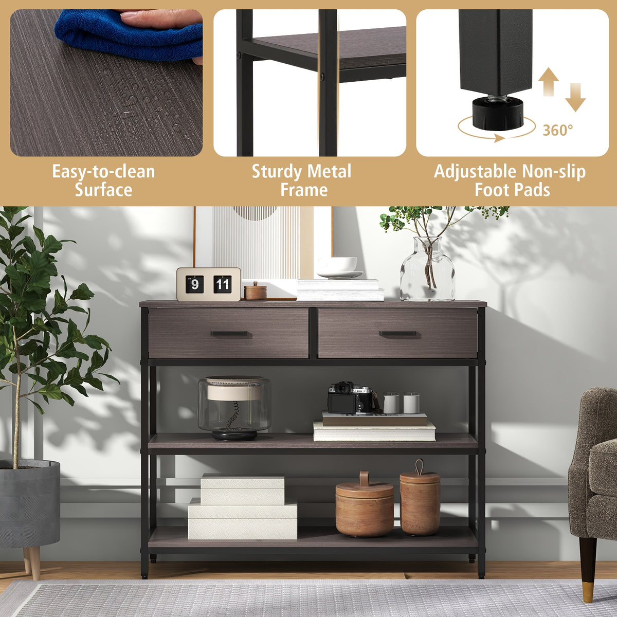 Console Table With Folding Fabric Drawers, Gray Console Tables at Gallery Canada