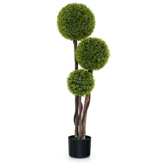 4 FT Artificial Boxwood Topiary Tree, Triple Ball, Weighted Pot, Green Faux Plants Green at Gallery Canada