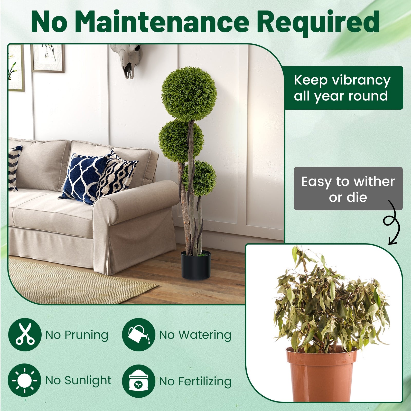 4 FT Artificial Boxwood Topiary Tree, Triple Ball, Weighted Pot, Green Faux Plants at Gallery Canada