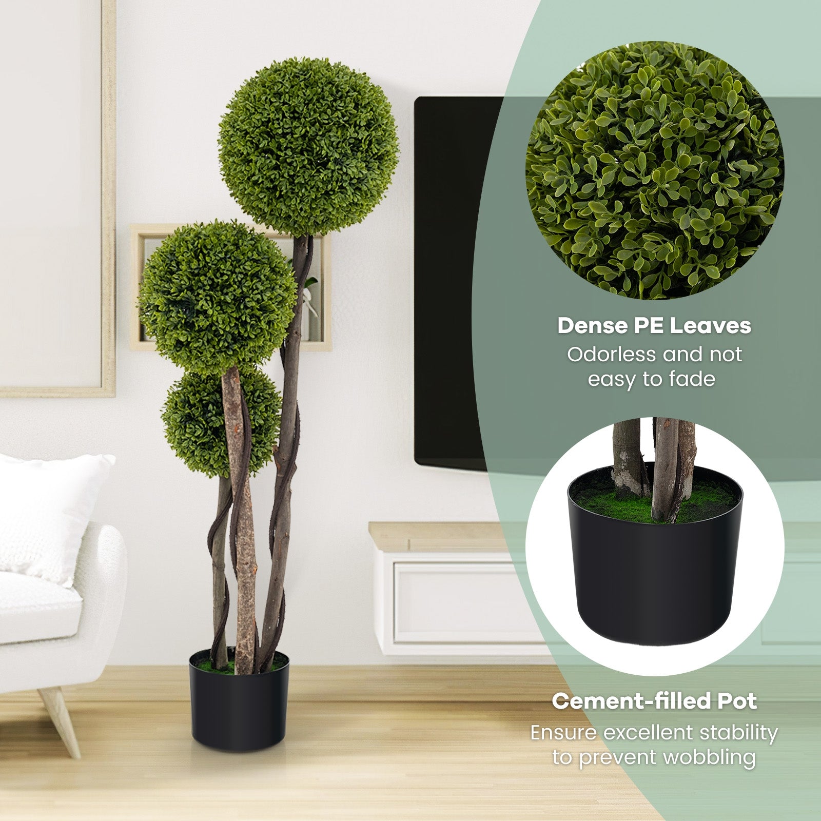 4 FT Artificial Boxwood Topiary Tree, Triple Ball, Weighted Pot, Green Faux Plants at Gallery Canada