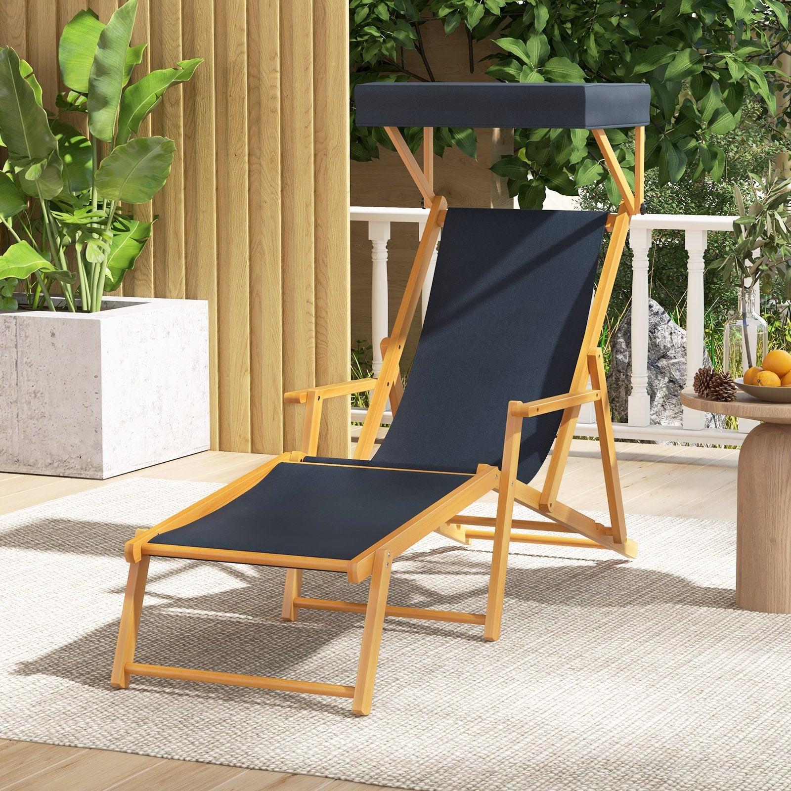 Birch Wood Chaise Lounge Chair, Foldable, Adjustable Canopy, Navy Outdoor Chaise Lounges at Gallery Canada