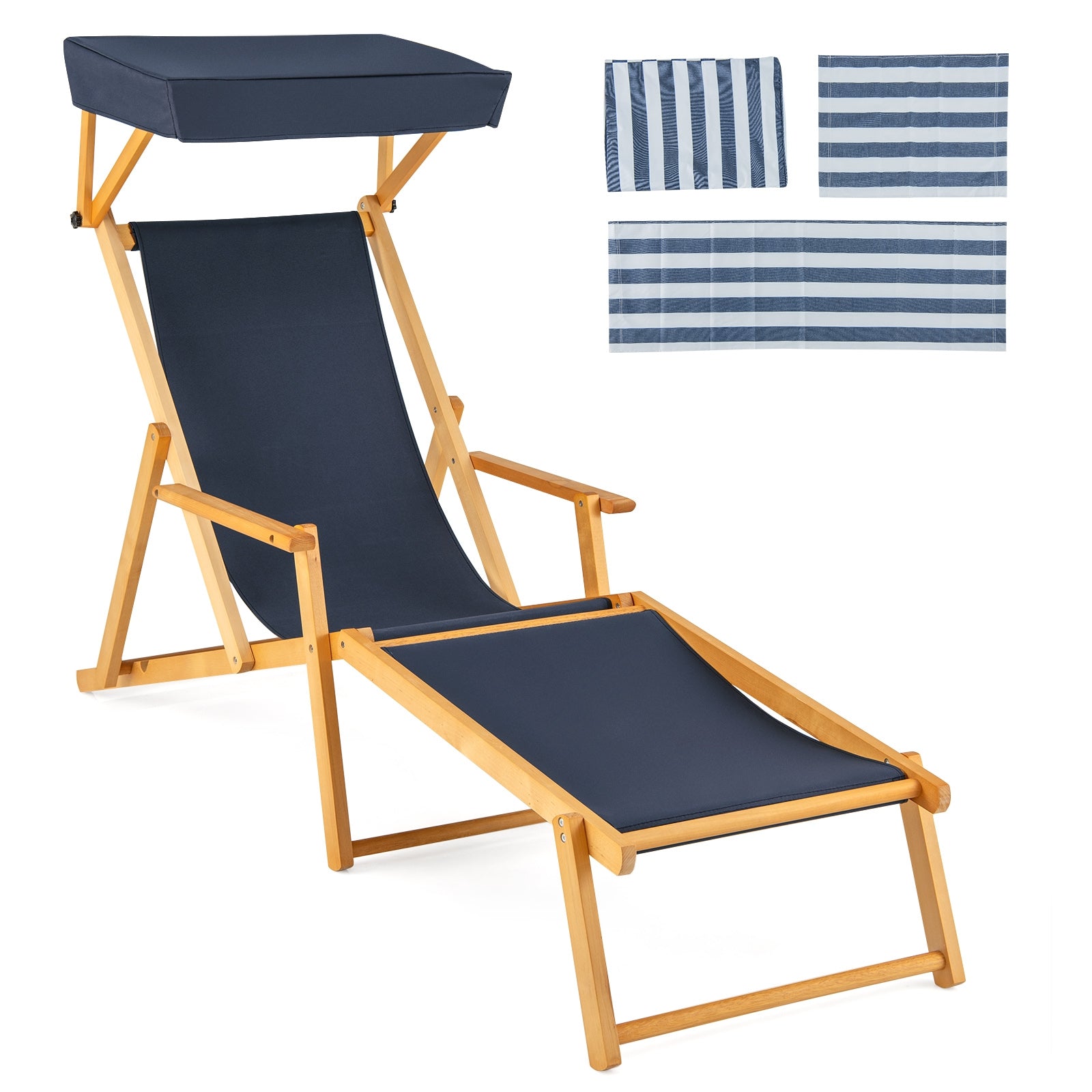 Birch Wood Chaise Lounge Chair, Foldable, Adjustable Canopy, Navy Outdoor Chaise Lounges at Gallery Canada