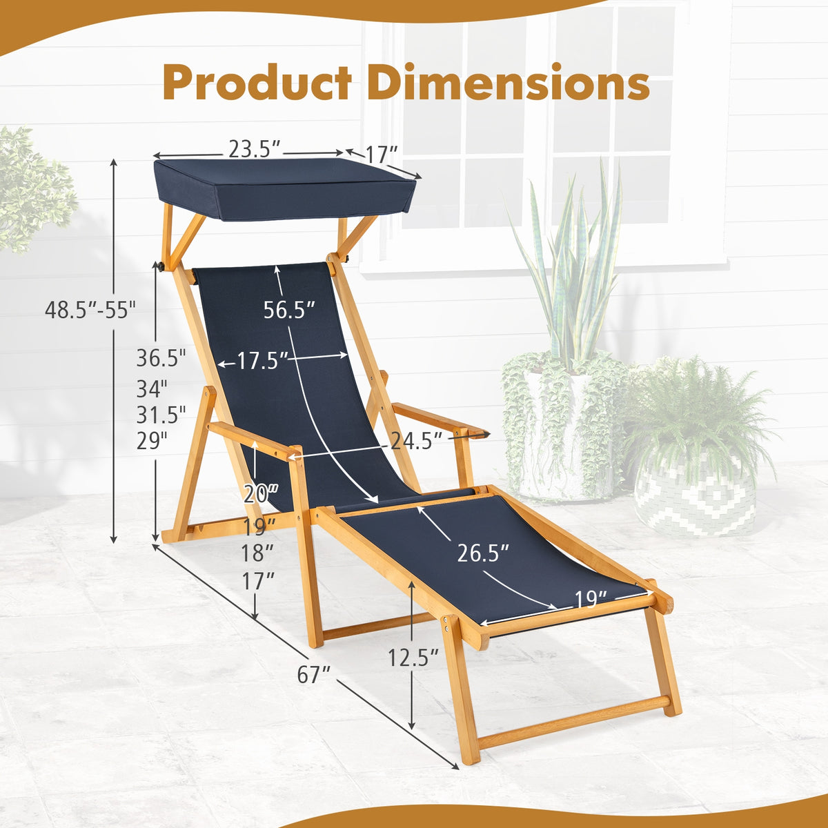 Birch Wood Chaise Lounge Chair, Foldable, Adjustable Canopy, Navy Outdoor Chaise Lounges at Gallery Canada