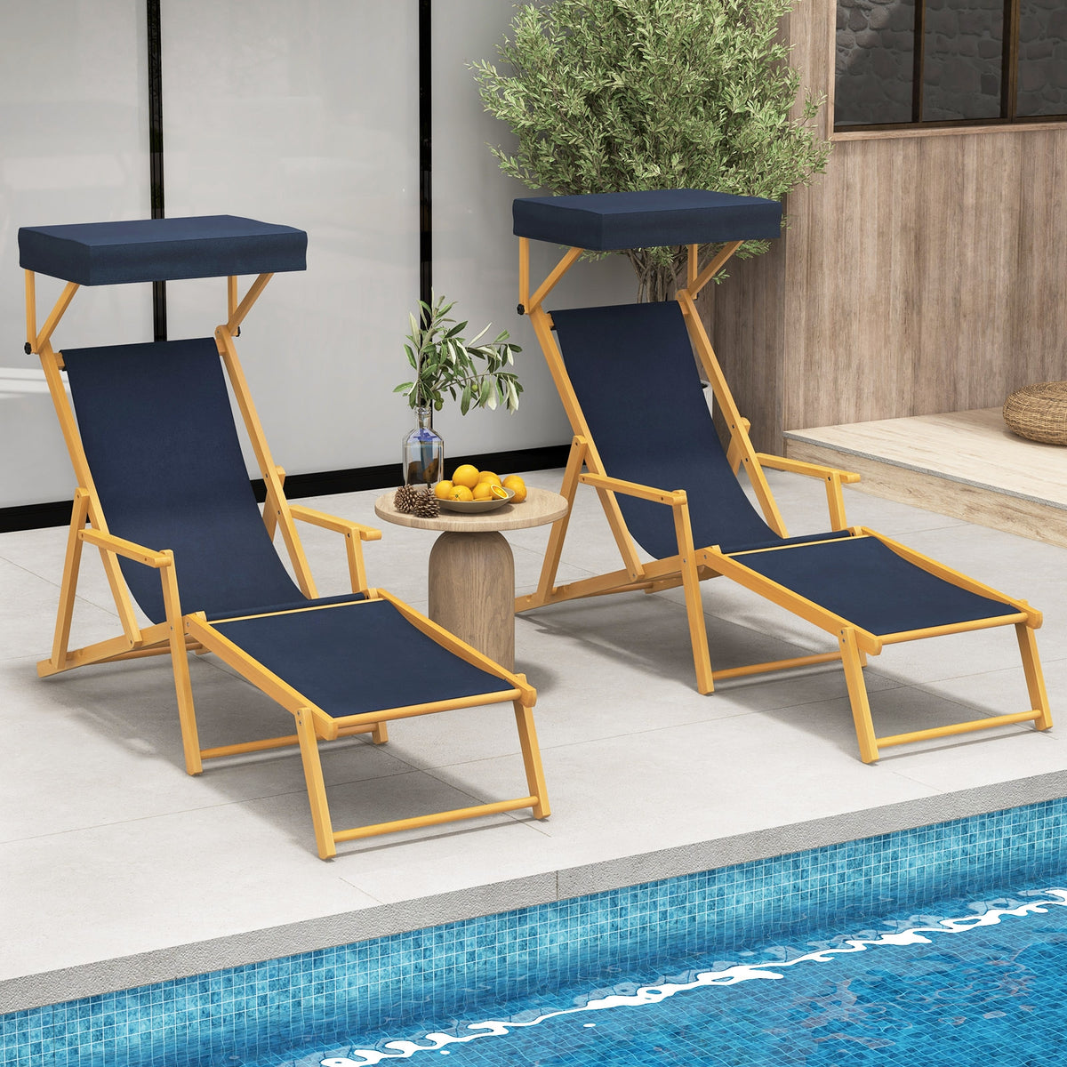 Birch Wood Chaise Lounge Chair, Foldable, Adjustable Canopy, Navy Outdoor Chaise Lounges at Gallery Canada