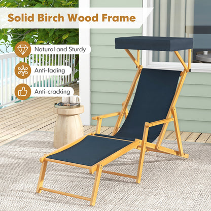 Birch Wood Chaise Lounge Chair, Foldable, Adjustable Canopy, Navy Outdoor Chaise Lounges at Gallery Canada