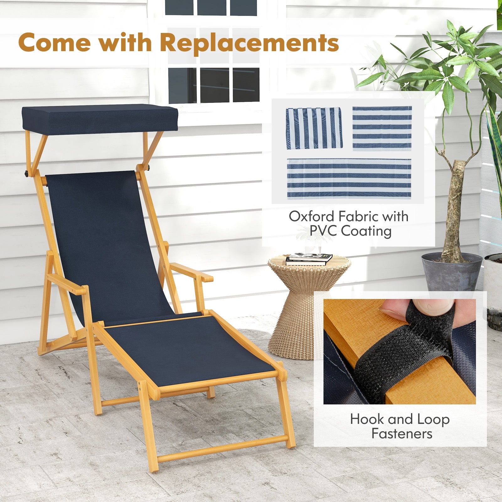 Birch Wood Chaise Lounge Chair, Foldable, Adjustable Canopy, Navy Outdoor Chaise Lounges at Gallery Canada