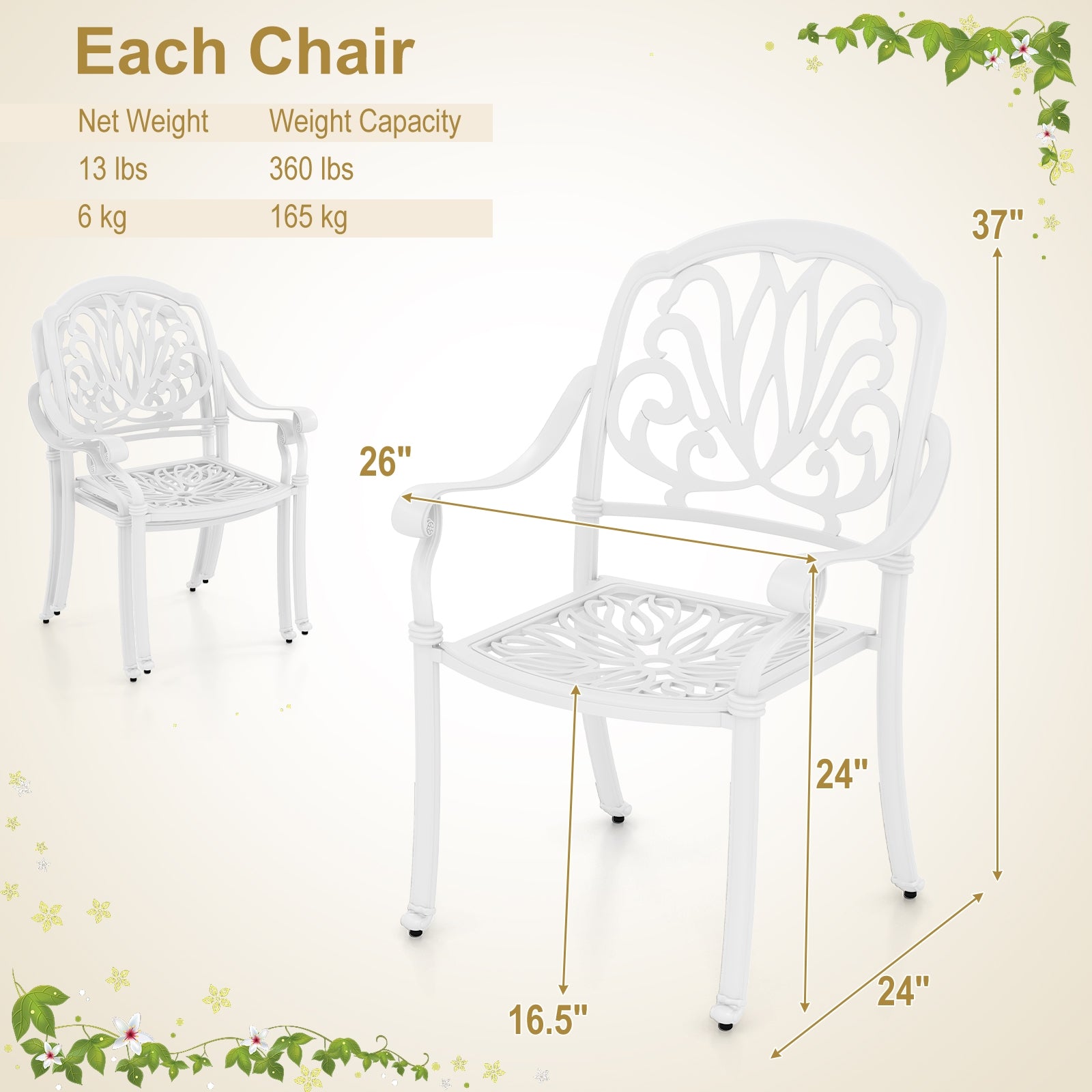 Patio Cast Aluminum Dining Chairs, 2 Pieces, With Armrests, White Patio Dining Chairs at Gallery Canada