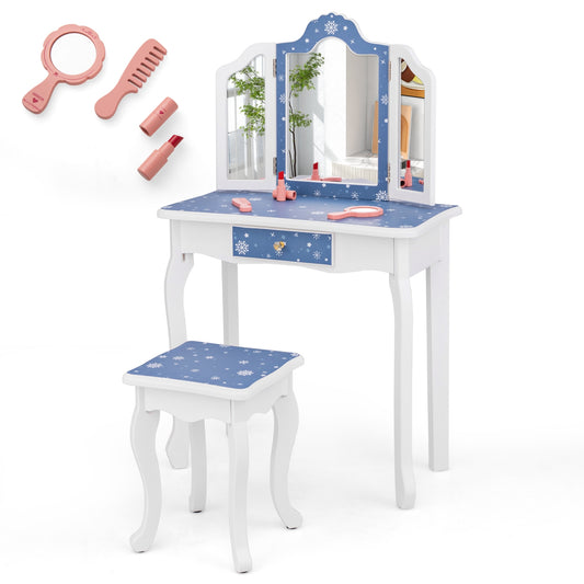 Pretend Play Makeup Table And Stool Set, Tri-Folding Mirror, Blue Kids Vanities Blue at Gallery Canada